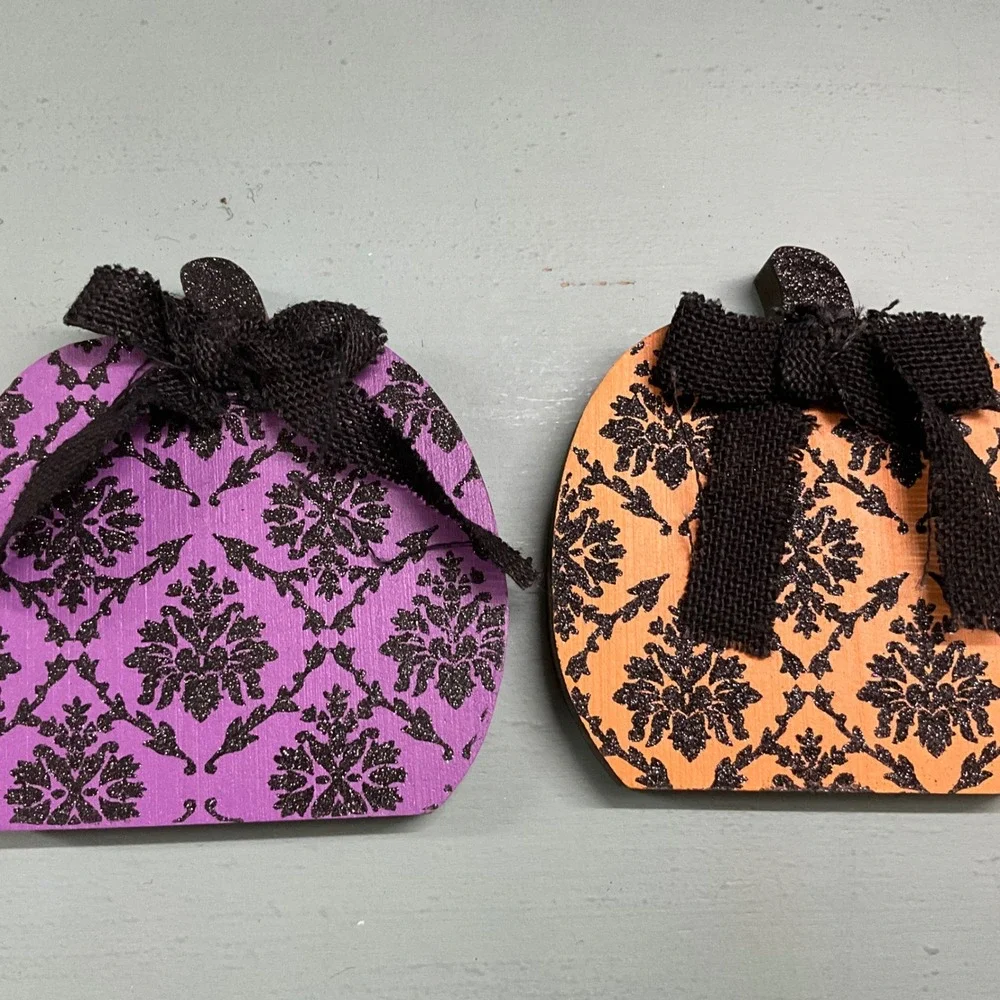 Halloween Wooden Pumpkin Decor Set Purple Orange Damask Glitter Burlap Bows 2pc